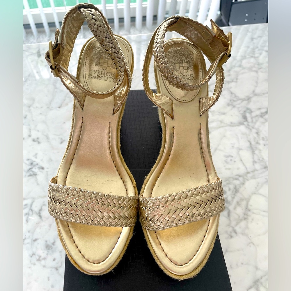 Vince Camuto gold wedge sandals, 3in heel.